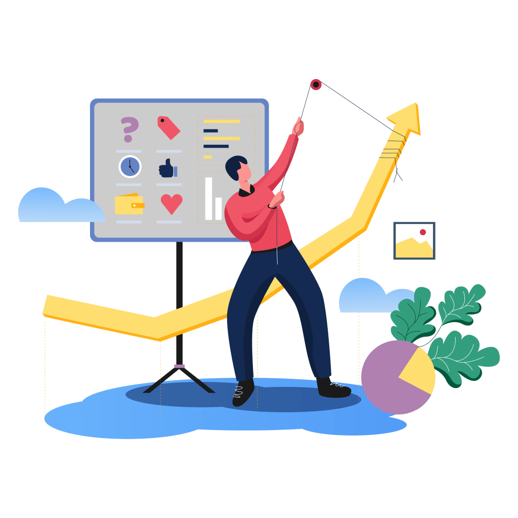 An illustration of a person holding the up arrow with string of thread. Behind them is a board related to agile development and planning. The up arrow indicates product development progress.