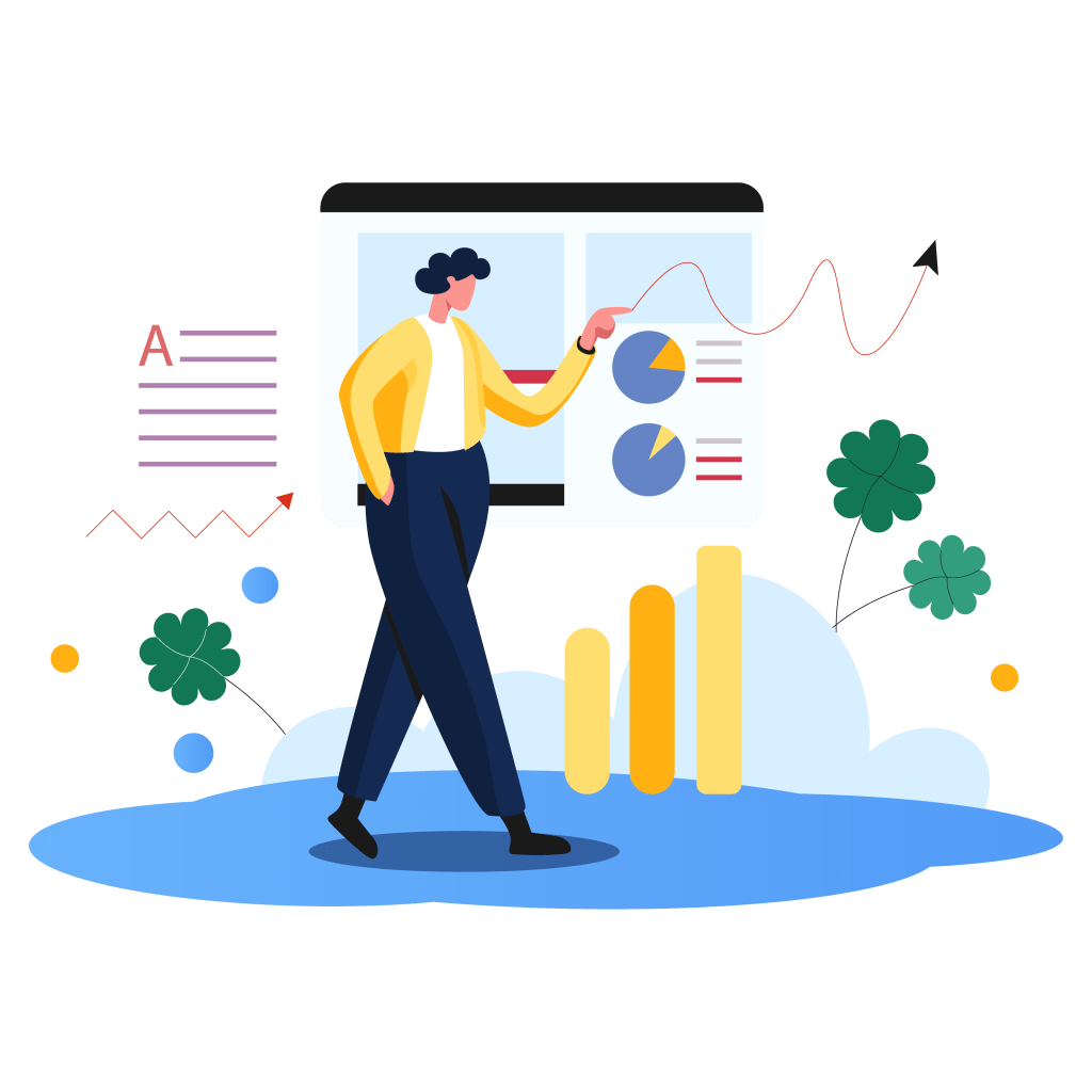 An illustration of a person pointing to some graphs and strategy for a product.