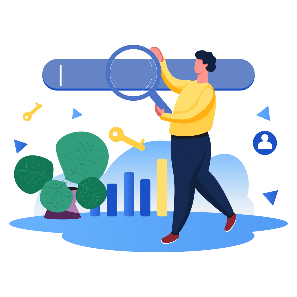 An illustration of a person holding a magnifying glass and searching something. There are keys and bar chart behind the person.