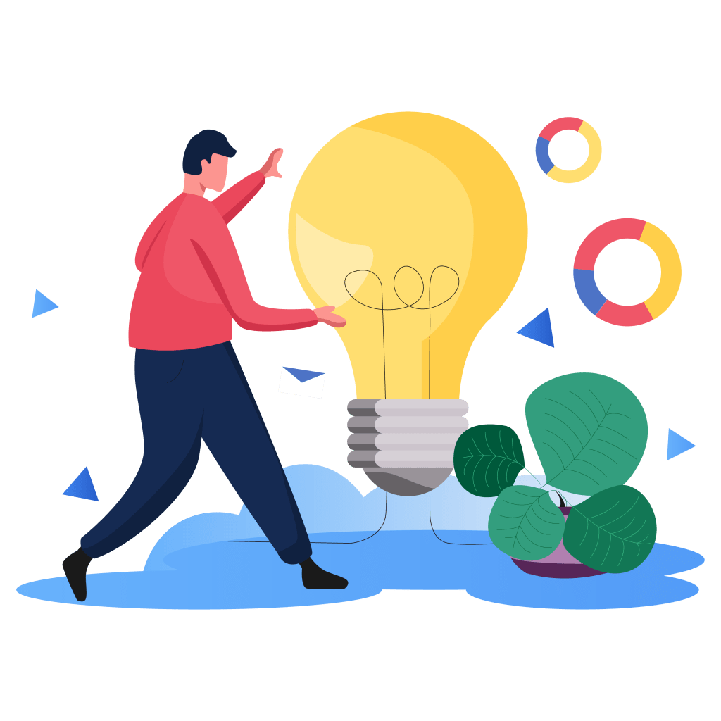 An illustration of a person seeing a light bulb and some pie charts indicating that they might have some idea that they are creating and bringing to life.