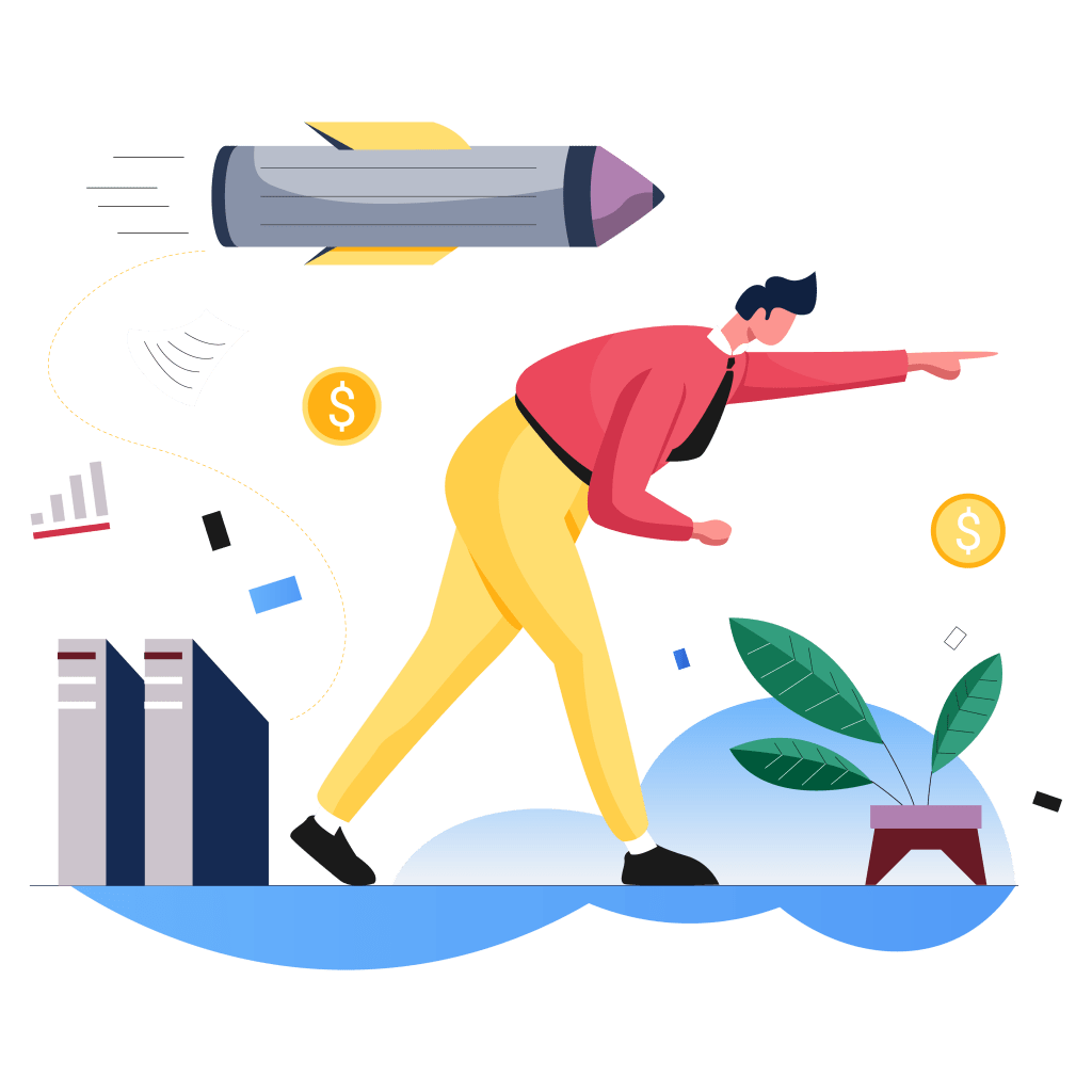 An illustration of a person pointing in forward direction. There is a rocket behind them indicating growth and development.